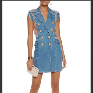 Balmain blue mesh back denim and silk mini dress.